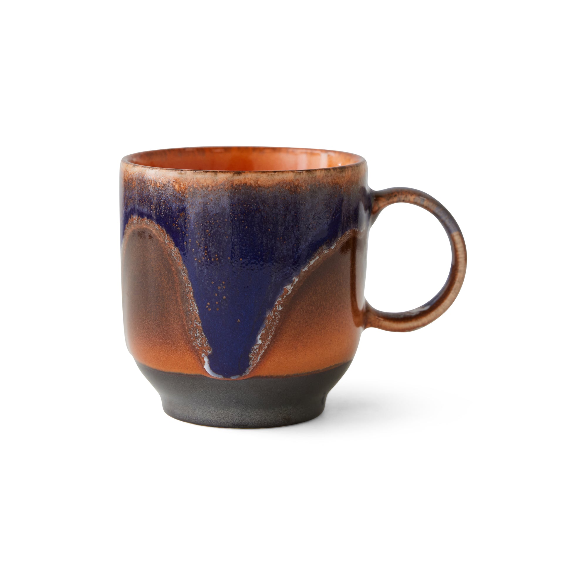 small coffee mug with a curved in bottom and a thin rounded handle. has a melted glass effect with a large dark purple dripping effect over a speckled orange colour and a black trim on the bottom