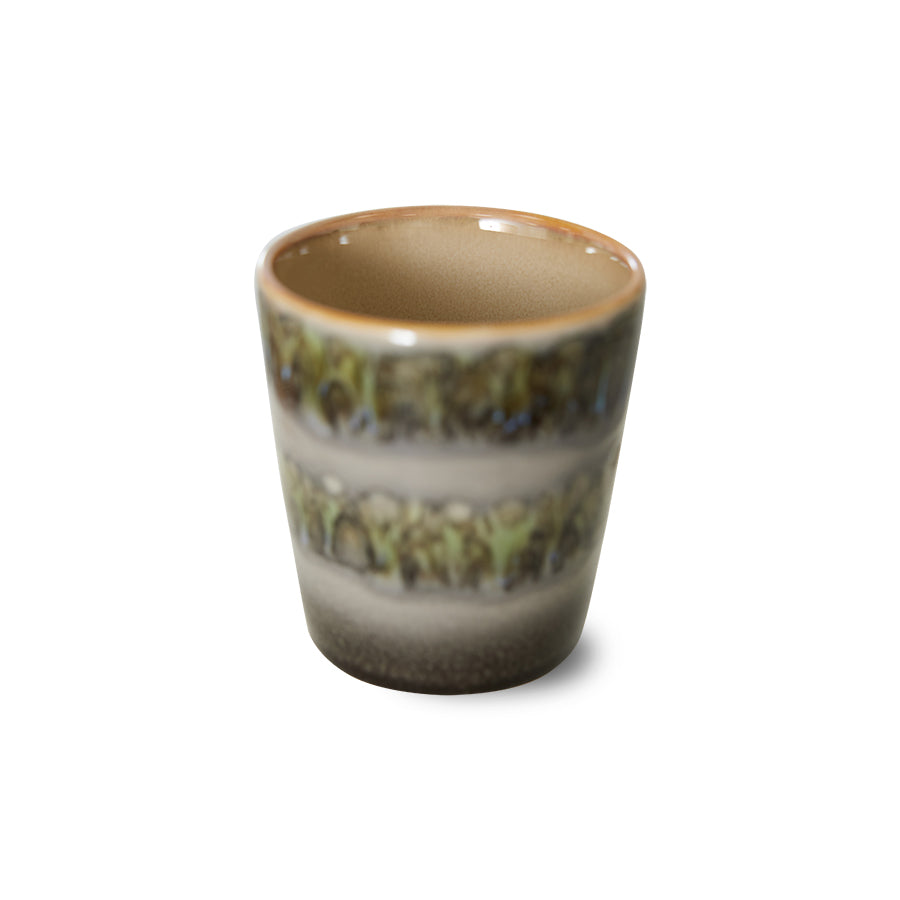 A handle-free coffee mug from the HKliving Fern 70's Ceramic Collection, featuring a 180ml capacity. The mug has a unique hand-finished texture with earthy colours and retro-inspired design.