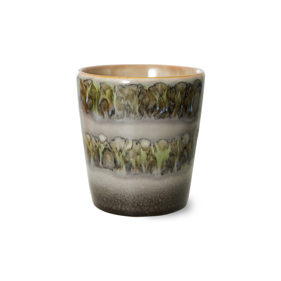 A handle-free coffee mug from the HKliving Fern 70's Ceramic Collection, featuring a 180ml capacity. The mug has a unique hand-finished texture with earthy colours and retro-inspired design.