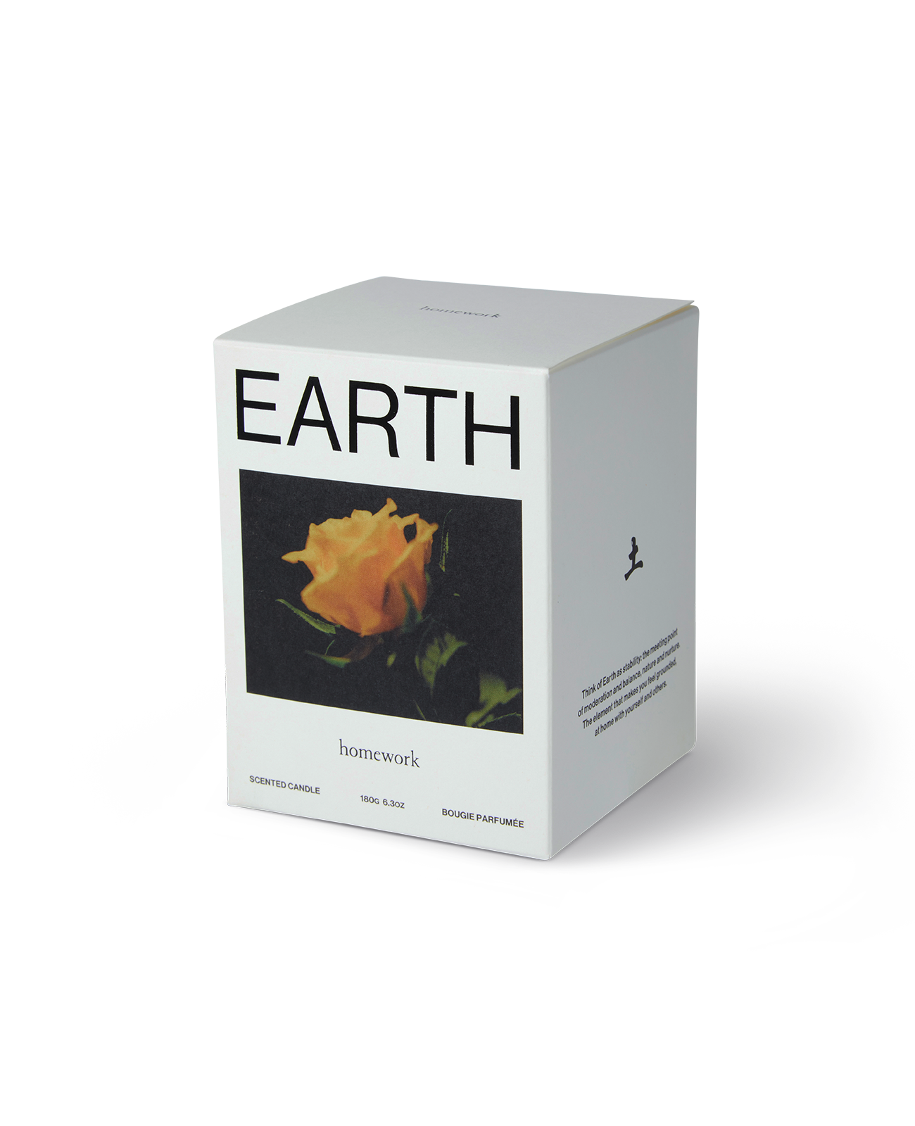 Homework Earth candle packaging box, all white with Earth spelt across the front with a photograph of an orange rose underneath and the name of the brand in small lettering underneath the image