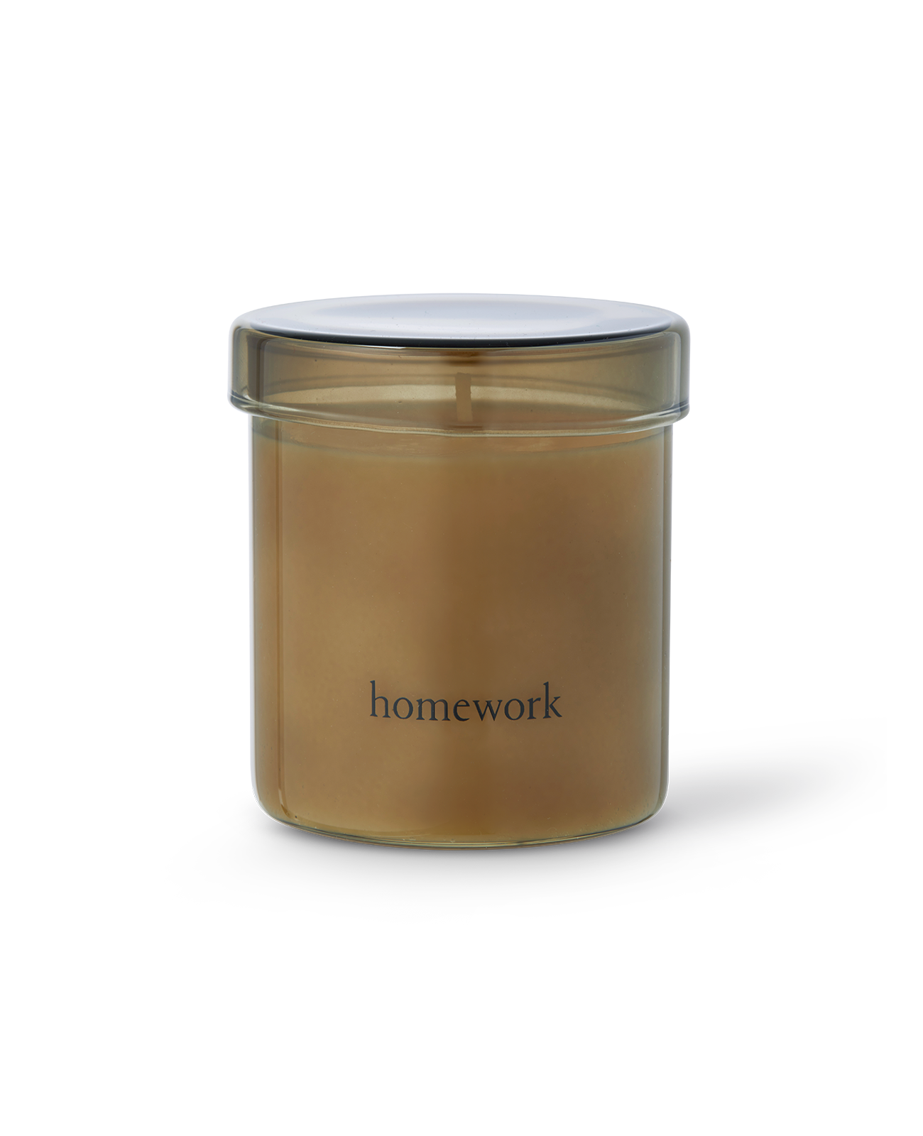 Homework fire candle in a moss green translucent glass with matching lid and the branding homework in lowercase letting written across the bottom