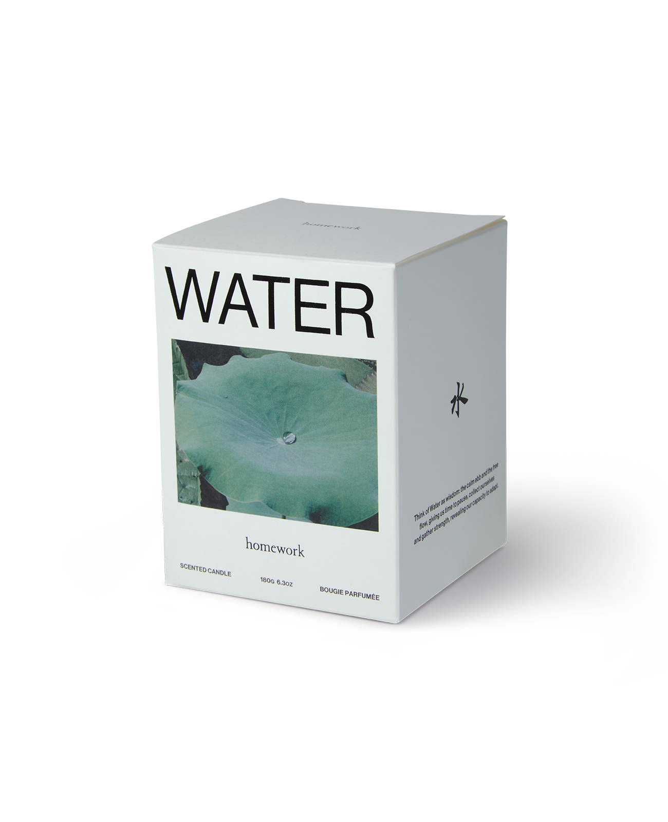 Homework water scented candle packaging, a white box with water written across the top, under is a landscape image of a water Lilly pad with a single water drop on it. Then the brands name homework is spelt in lowercase letting under the image