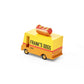 Toy hot dog cart with 'Frank's Dogs' branding on a white background