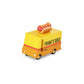 Toy hot dog cart with a hot dog on top against a white background