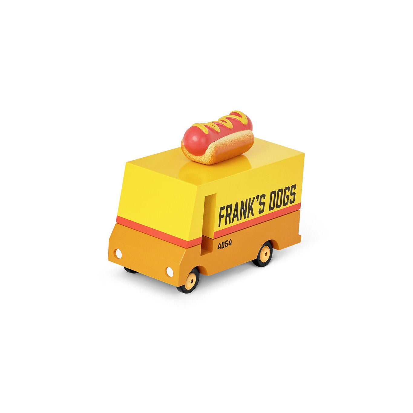 Toy hot dog cart with a hot dog on top against a white background