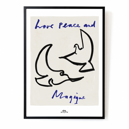 A Hotel Magique Love, Peace and Magique A3 print. The background is beige. The birds are painted in black. “Love Peace and Magique” is written in dark blue. The print is framed with a black border. 