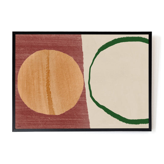 This A3 Hotel Magique print titled " Meet Me in the Foyer" features a half beige and half Oxblood background. A brown full circle and a fine lined large circular dark green shape. The print frame is black. 