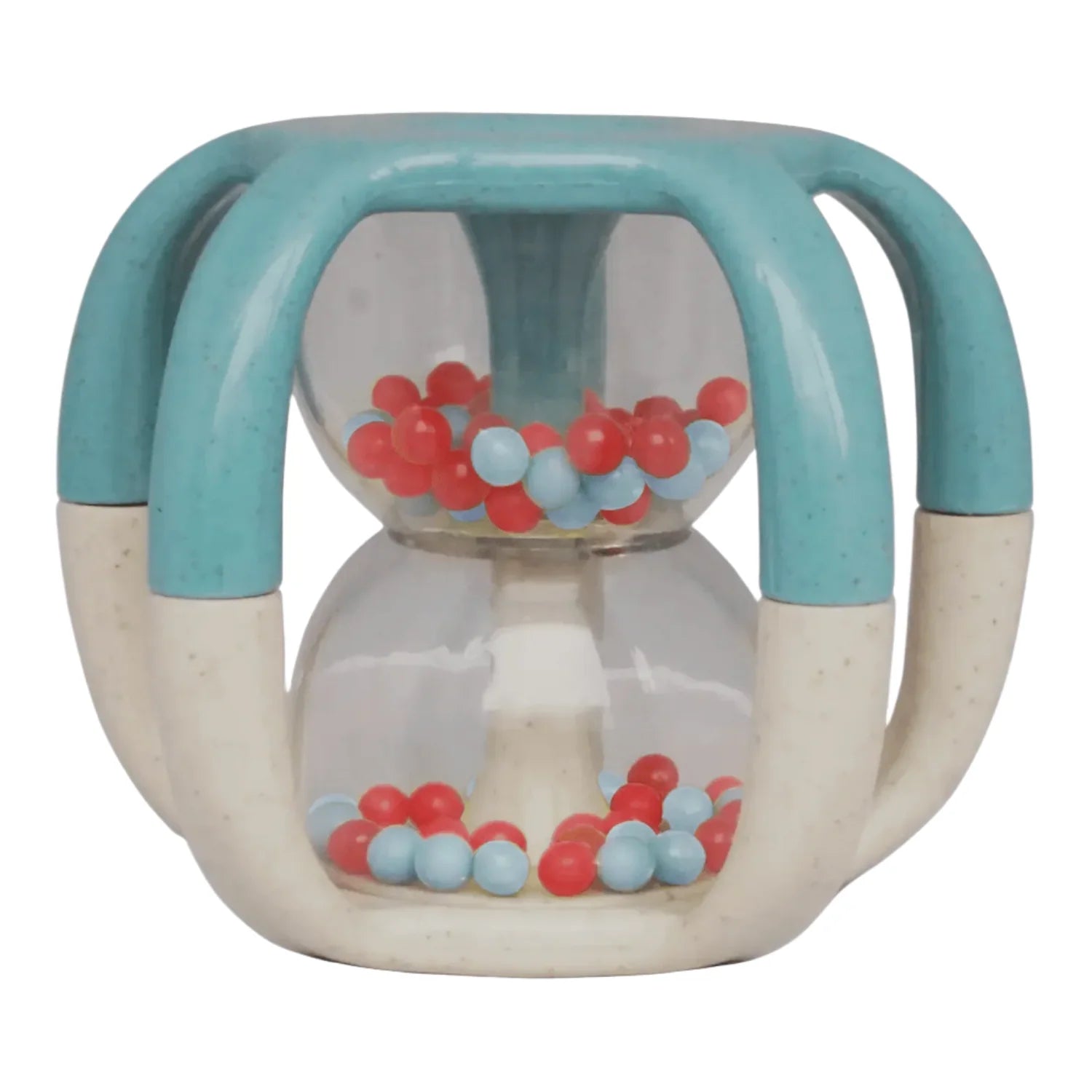 Toy with blue handles and colorful beads on a white background