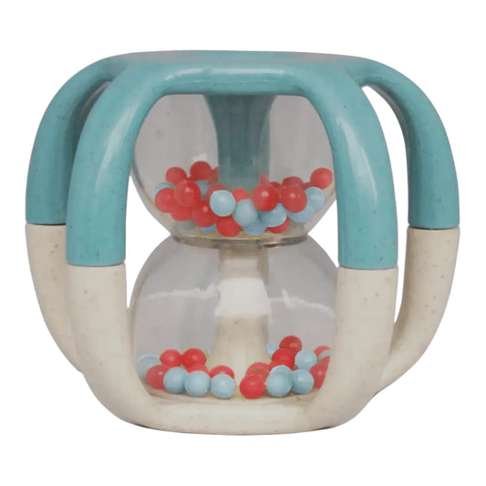Toy with blue handles and colorful beads on a white background