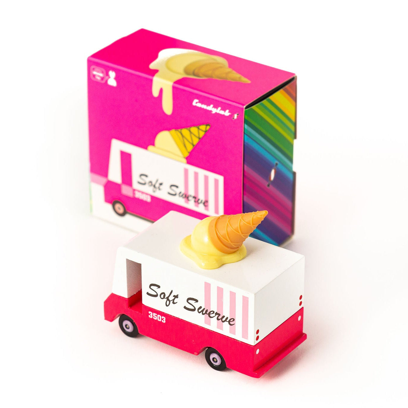 Small pink ice cream truck with a yellow ice cream cone on a white background