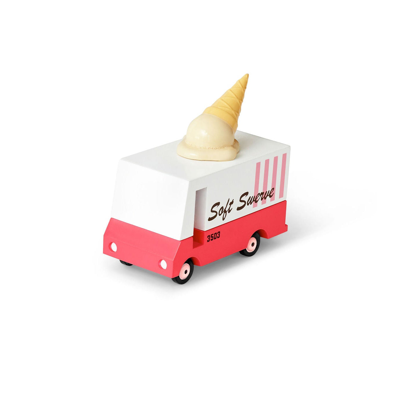 Toy ice cream truck with a cone on top against a white background