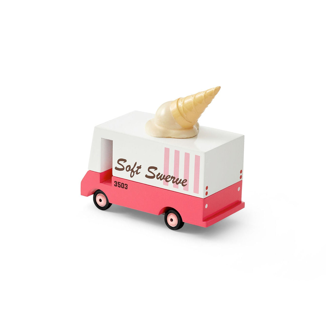 Model of an ice cream truck with a cone on top against a white background