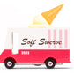 Model of a soft serve ice cream truck with a cone on top against a white background