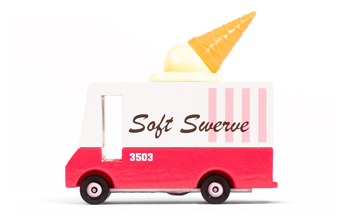 Model of a soft serve ice cream truck with a cone on top against a white background