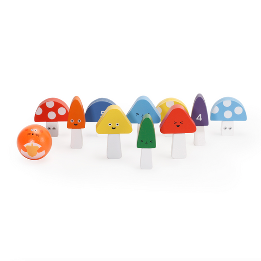 Wooden mushroom bowling set with colourful, character-themed pins. The set includes ten mushroom-shaped pins in various colours and expressions, featuring playful faces and numbers. A small orange wooden ball with a cat illustration is positioned to the side, ready for play. A fun and whimsical take on classic bowling for kids