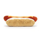 The back of a plush toy in the shape of a hot dog. Inside the beige bun, which is white at the top representing the inside of the bun, is a red sausage and on top of it is yellow mustard. This is against a white background.  