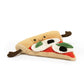 A plush toy in the shape of a pizza slice that has two brown arms coming out either side of the beige crust. The crust  has a black smile with two black eyes, which appear to be beads. The toppings of the pizza include mozzarella which is white, basil which is green and olives which are black. These are on top of red sauce. This is against a white background. 