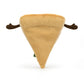 The reverse side of a plush toy in the shape of a pizza slice that has two brown arms coming out either side of the beige crust. This is against a white background. 