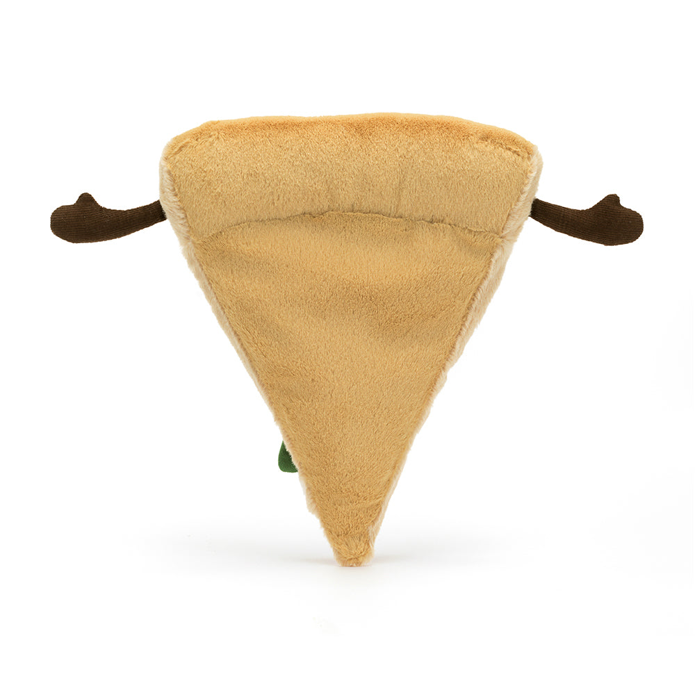 The reverse side of a plush toy in the shape of a pizza slice that has two brown arms coming out either side of the beige crust. This is against a white background. 