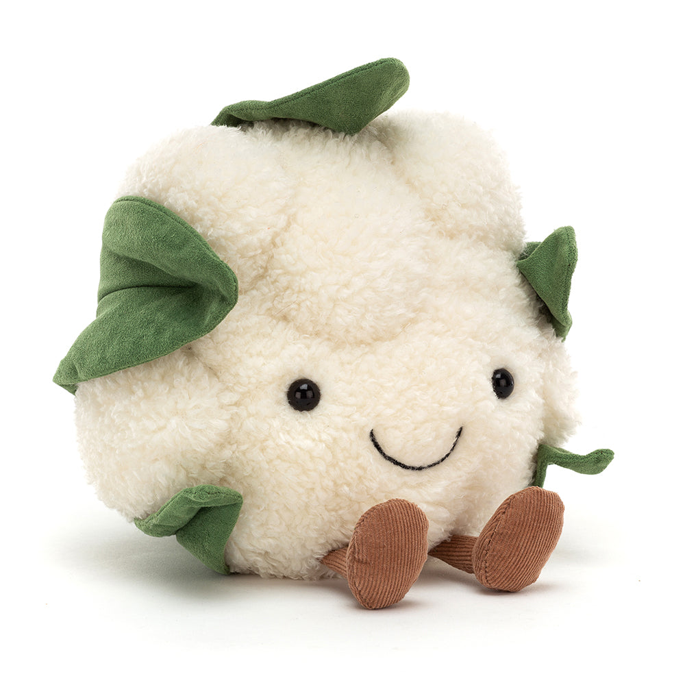 Jellycat Amuseables Cauliflower plush with fleecy florets, a cheery smile, cordy booties, and a funky jacket of foldy, suedey, stitchy leaves.