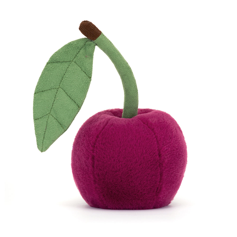 A soft, plush toy featuring two rosy cherries with smiling faces, connected by a green stem. The Jellycat Amusables Cherry Please is designed for cuddling and play, showcasing vibrant colors and a charming expression. Perfect for children and collectors, this delightful plush adds a fun, fruity touch to any collection. Shown from the back