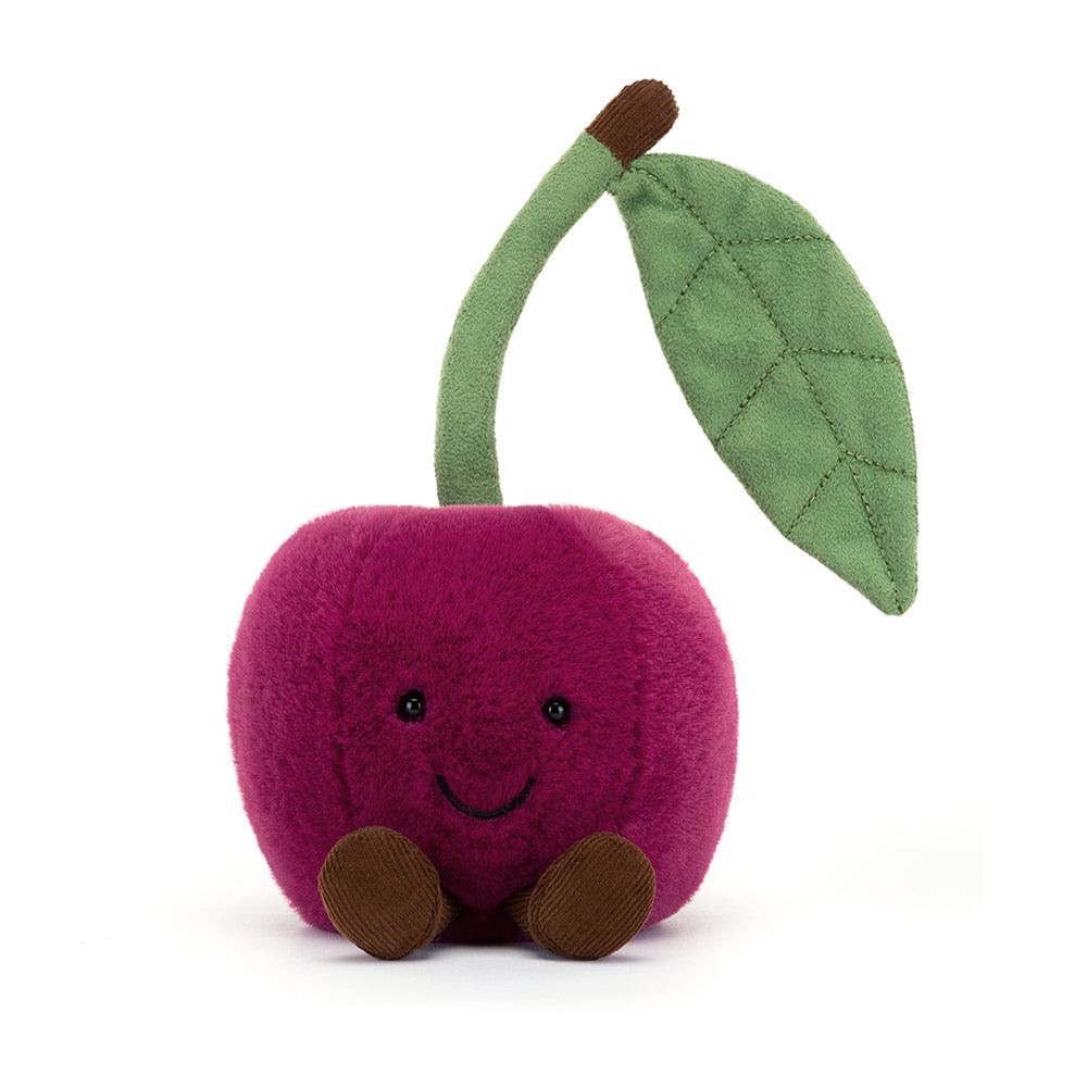 A soft, plush toy featuring two rosy cherries with smiling faces, connected by a green stem. The Jellycat Amusables Cherry Please is designed for cuddling and play, showcasing vibrant colors and a charming expression. Perfect for children and collectors, this delightful plush adds a fun, fruity touch to any collection.