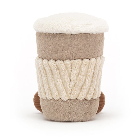 A soft, plush coffee cup with a friendly face and textured lid, featuring a little handle. The coffee cup is part of the Jellycat Amusables collection, designed to resemble a to-go coffee cup, and has a cozy, cuddly appearance. Shown from the back