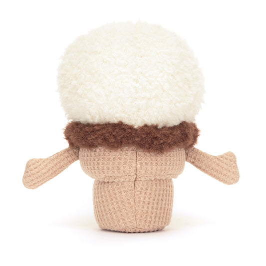 A soft, plush ice cream cone featuring a smiling scoop of ice cream on top and a textured cone base. The ice cream scoop is colorful and whimsical, part of the Jellycat Amusables collection, designed for cuddling and play. The overall design is charming and inviting, perfect for children and plush toy collectors. Shown from the back