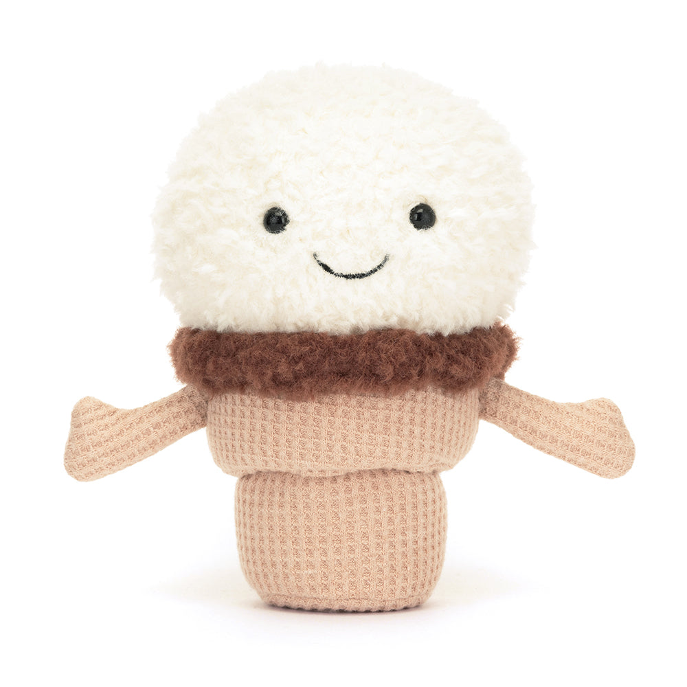 A soft, plush ice cream cone featuring a smiling scoop of ice cream on top and a textured cone base. The ice cream scoop is colorful and whimsical, part of the Jellycat Amusables collection, designed for cuddling and play. The overall design is charming and inviting, perfect for children and plush toy collectors.