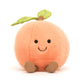 Jellycat Amuseables Peach plush toy with soft halo fur, a smiling face, side dimple, corduroy boots, stitched leaf, and corded stalk, adding a touch of playful charm.