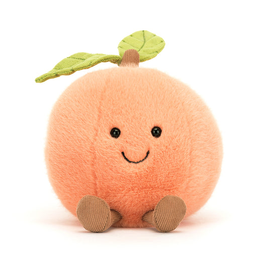 Jellycat Amuseables Peach plush toy with soft halo fur, a smiling face, side dimple, corduroy boots, stitched leaf, and corded stalk, adding a touch of playful charm.