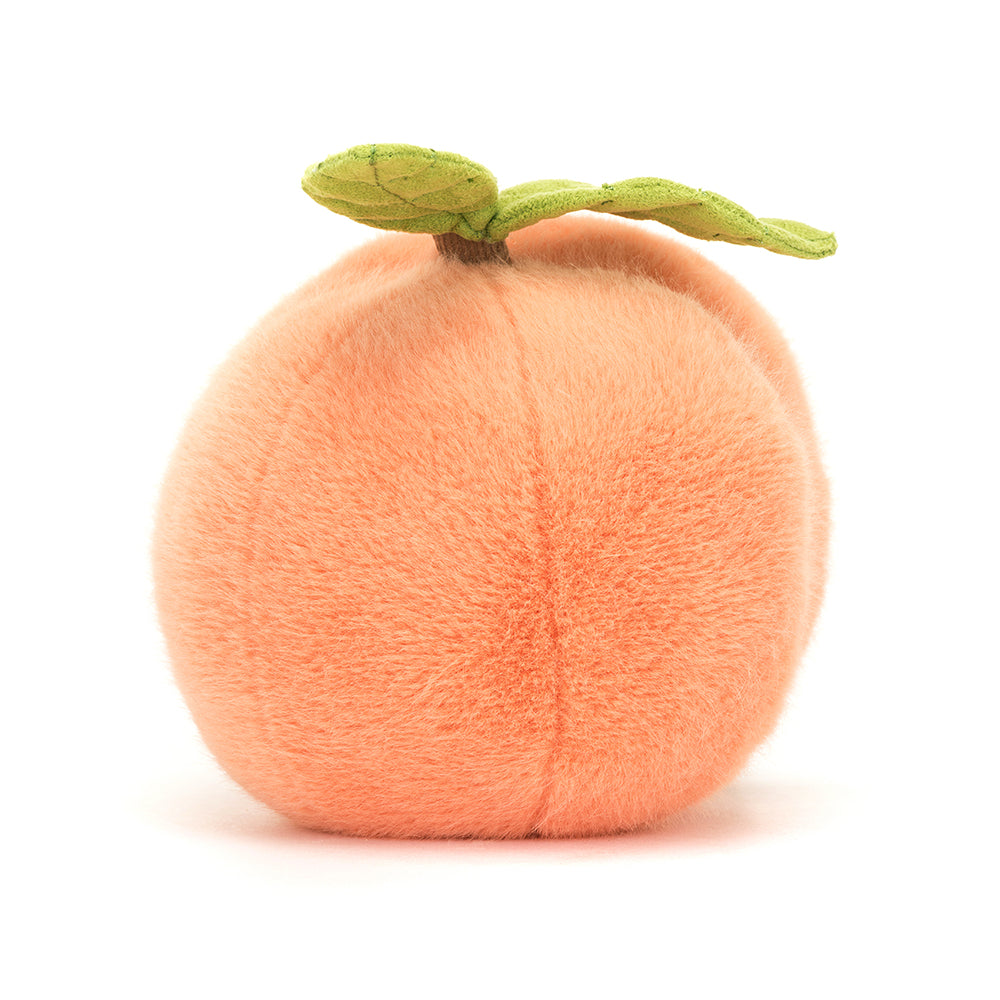 Jellycat Amuseables Peach plush toy with soft halo fur, a smiling face, side dimple, corduroy boots, stitched leaf, and corded stalk, adding a touch of playful charm. Shown from the back