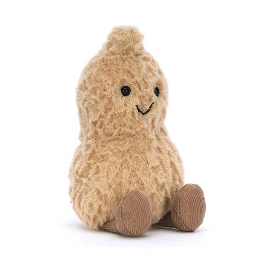 Jellycat Amuseables Peanut plush with a soft beige shell, tubby tummy, cheerful smile, milk chocolate boots, and a tousled tuft on top.