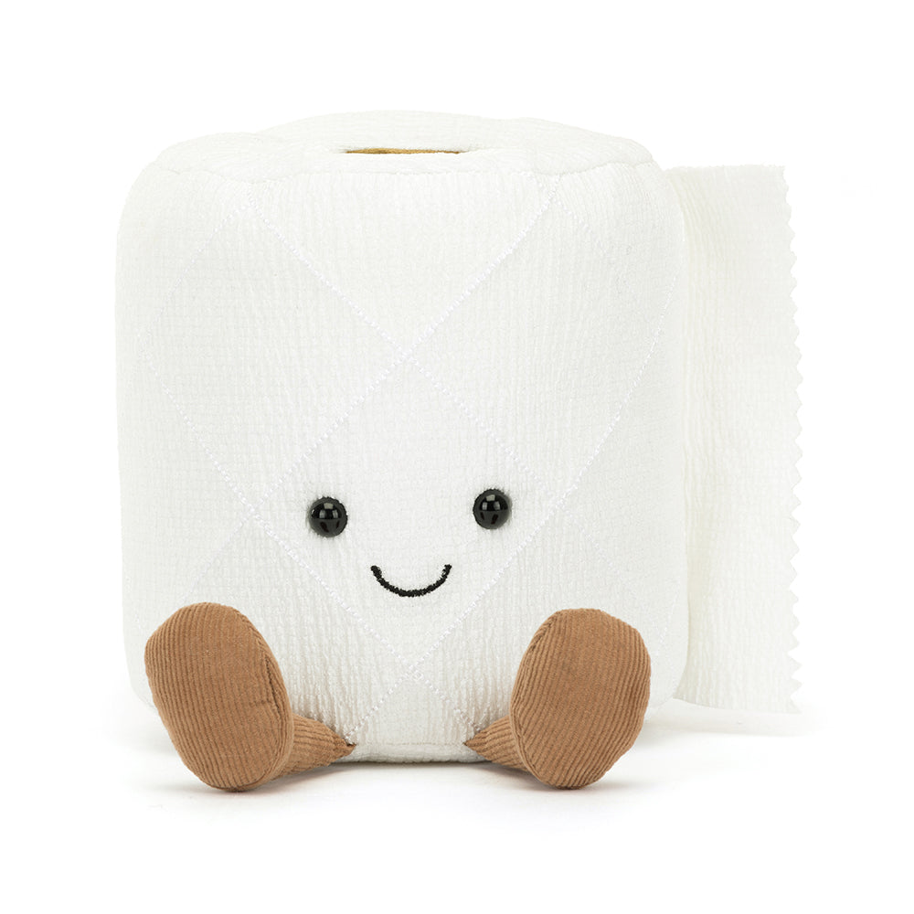 A humorous Jellycat Amuseables Toilet Roll plush toy with a soft white cylindrical body, a smiling embroidered face, and a coiled fabric "roll" detail, complete with brown corduroy legs for extra character. A fun and quirky addition to the Amuseables collection.