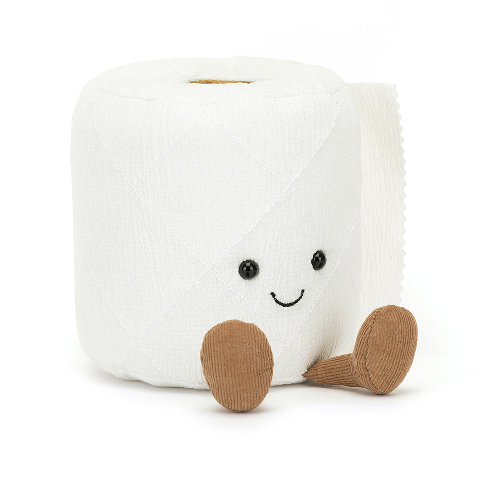 A humorous Jellycat Amuseables Toilet Roll plush toy with a soft white cylindrical body, a smiling embroidered face, and a coiled fabric "roll" detail, complete with brown corduroy legs for extra character. A fun and quirky addition to the Amuseables collection.