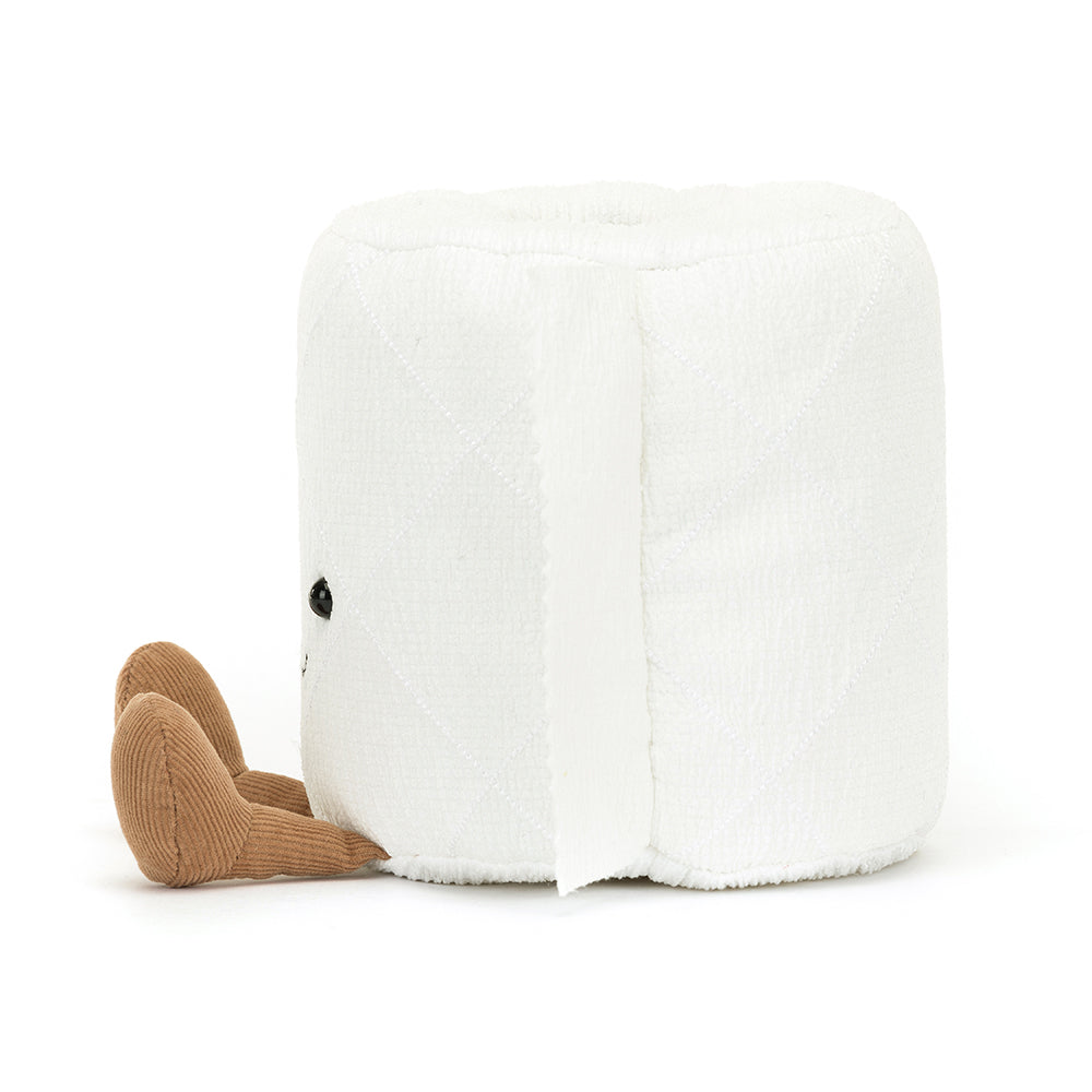 side view of A humorous Jellycat Amuseables Toilet Roll plush toy with a soft white cylindrical body, a smiling embroidered face, and a coiled fabric "roll" detail, complete with brown corduroy legs for extra character. A fun and quirky addition to the Amuseables collection.