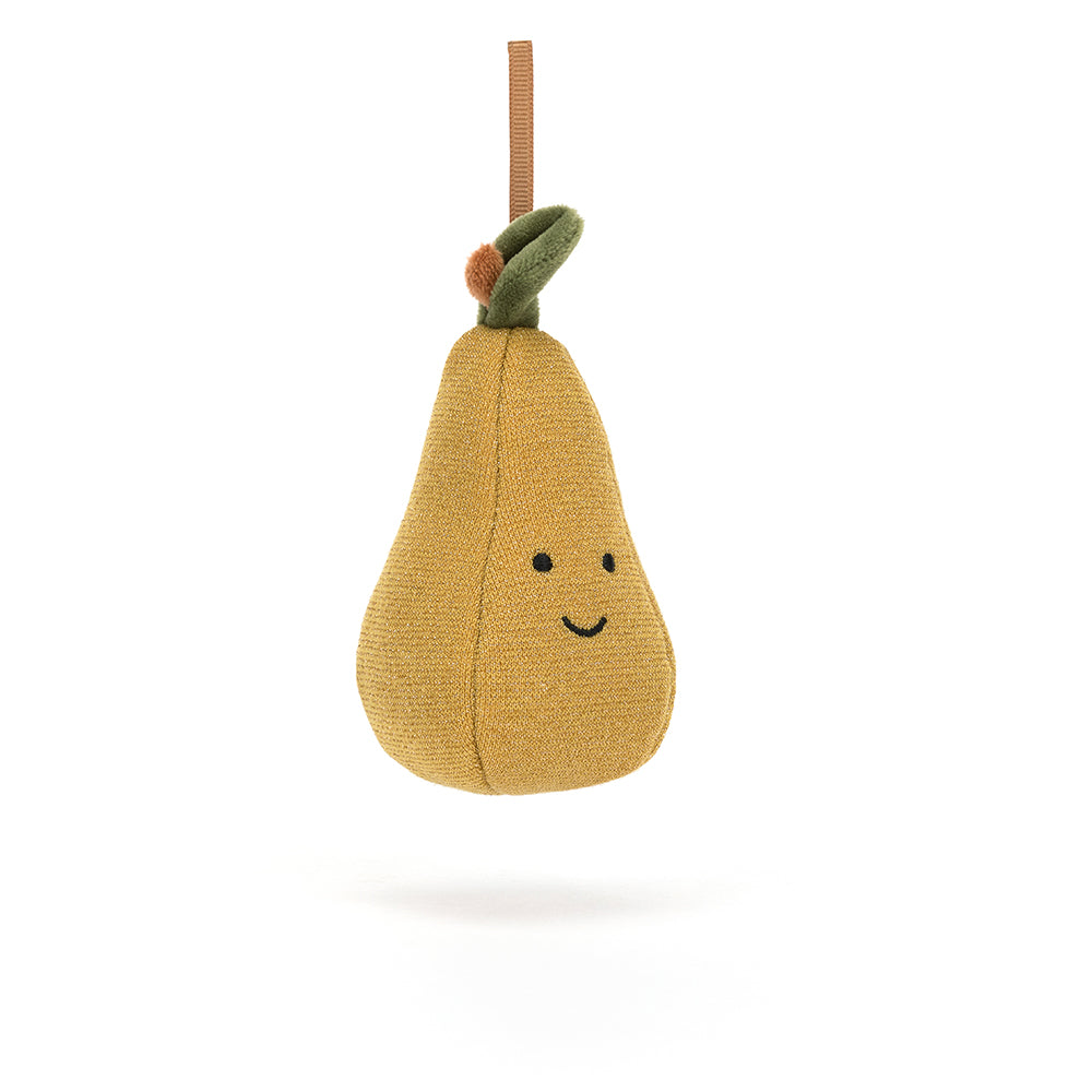 Soft plush Jellycat Festive Folly Pear with a vibrant green body and a cheerful smiling face, perfect for festive decor. Shown hanging