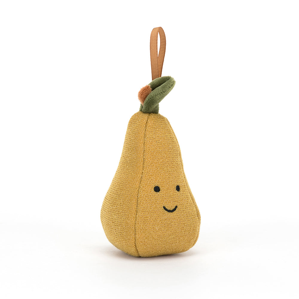 Soft plush Jellycat Festive Folly Pear with a vibrant green body and a cheerful smiling face, perfect for festive decor.