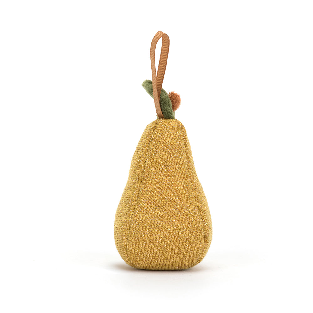 Soft plush Jellycat Festive Folly Pear with a vibrant green body and a cheerful smiling face, perfect for festive decor. Shown from theback