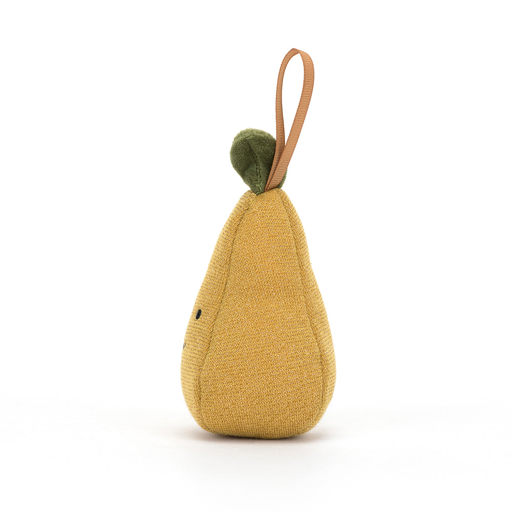 Soft plush Jellycat Festive Folly Pear with a vibrant green body and a cheerful smiling face, perfect for festive decor. Shown from the side