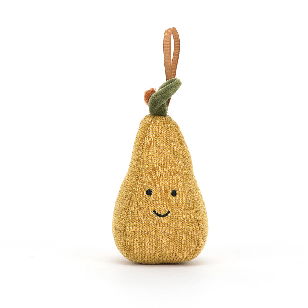 Soft plush Jellycat Festive Folly Pear with a vibrant green body and a cheerful smiling face, perfect for festive decor.