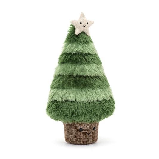 Jellycat Amuseables Nordic Spruce Christmas Tree plush toy, featuring a vibrant green fur design, star on top, and whimsical decorations. Shown from a jaunty side angle