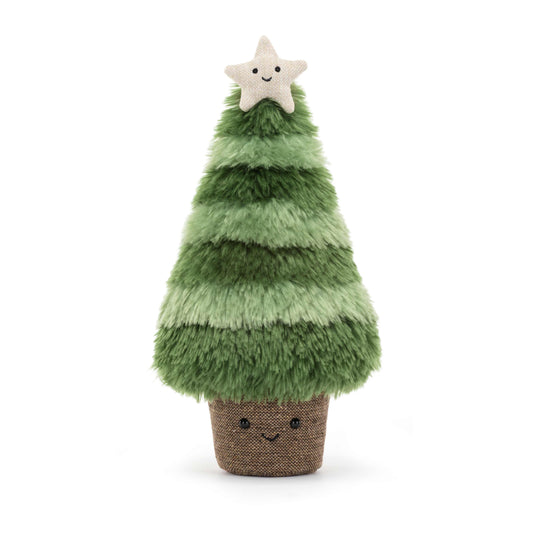 Jellycat Amuseables Nordic Spruce Christmas Tree plush toy, featuring a vibrant green fur design, star on top, and whimsical decorations.