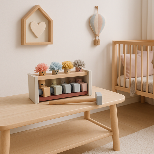 Nursery room with wooden crib, shelf, and decorative items.