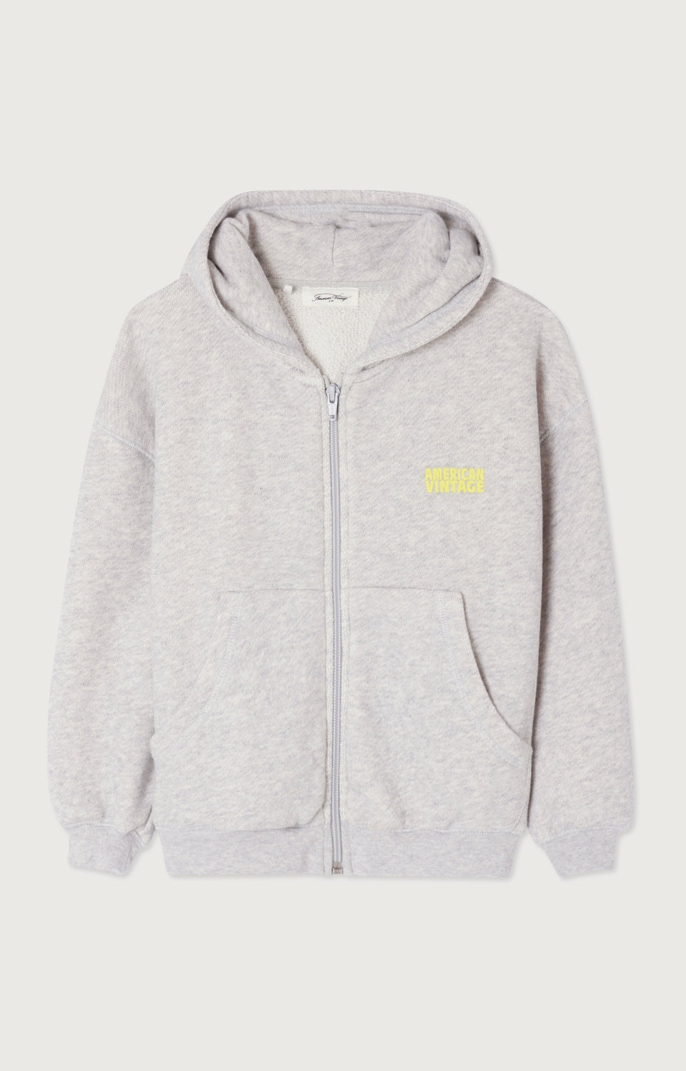 American Vintage Kids Grey Kodytown Hoodie featuring a zip-up front, front pouch pockets, a hood, and a minimalist yellow logo detail on the chest, made from soft cotton fabric.