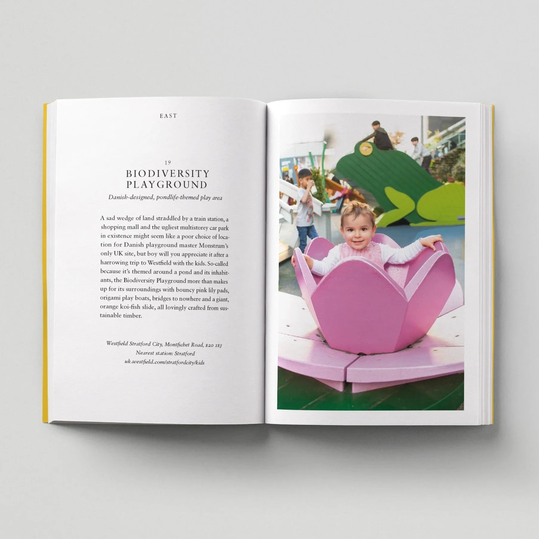 Open book showing a child in a pink swing at a playground.
