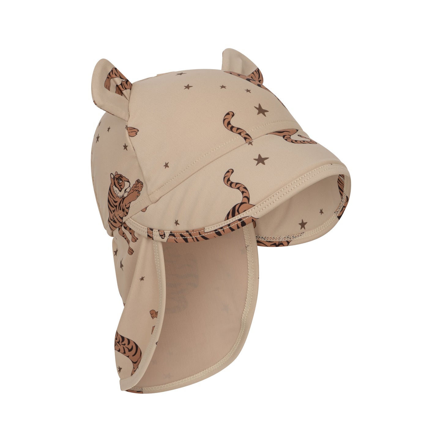 A beige Konges Sløjd Aster Bear Sun Hat with a playful tiger and star print. The hat features small bear ears on top, a curved brim, and an extended neck flap for extra sun protection.