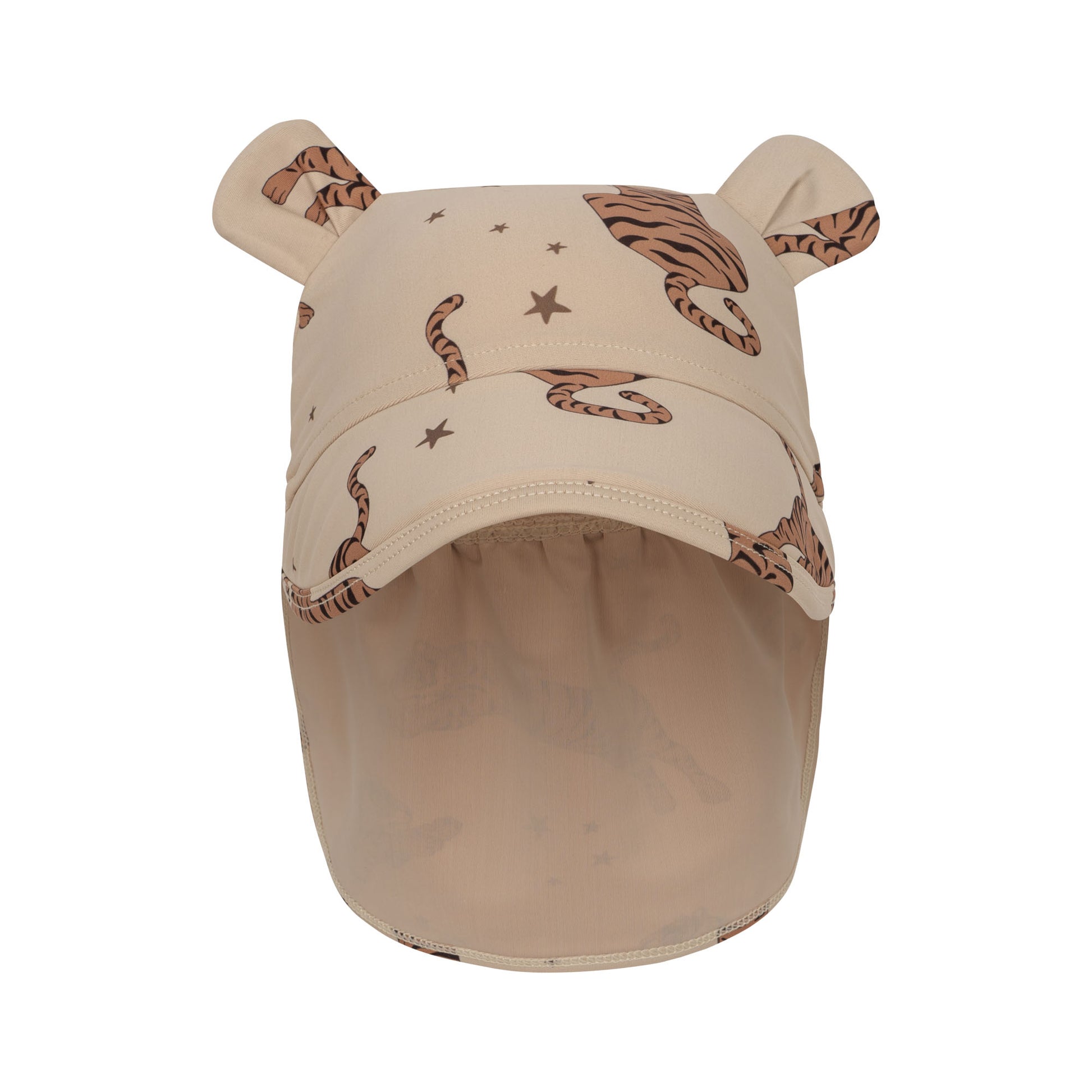 A front-facing view of the Konges Sløjd Aster Bear Sun Hat, showcasing its structured brim, neck flap, and adorable bear ears. The tiger and star pattern adds a fun and whimsical touch.