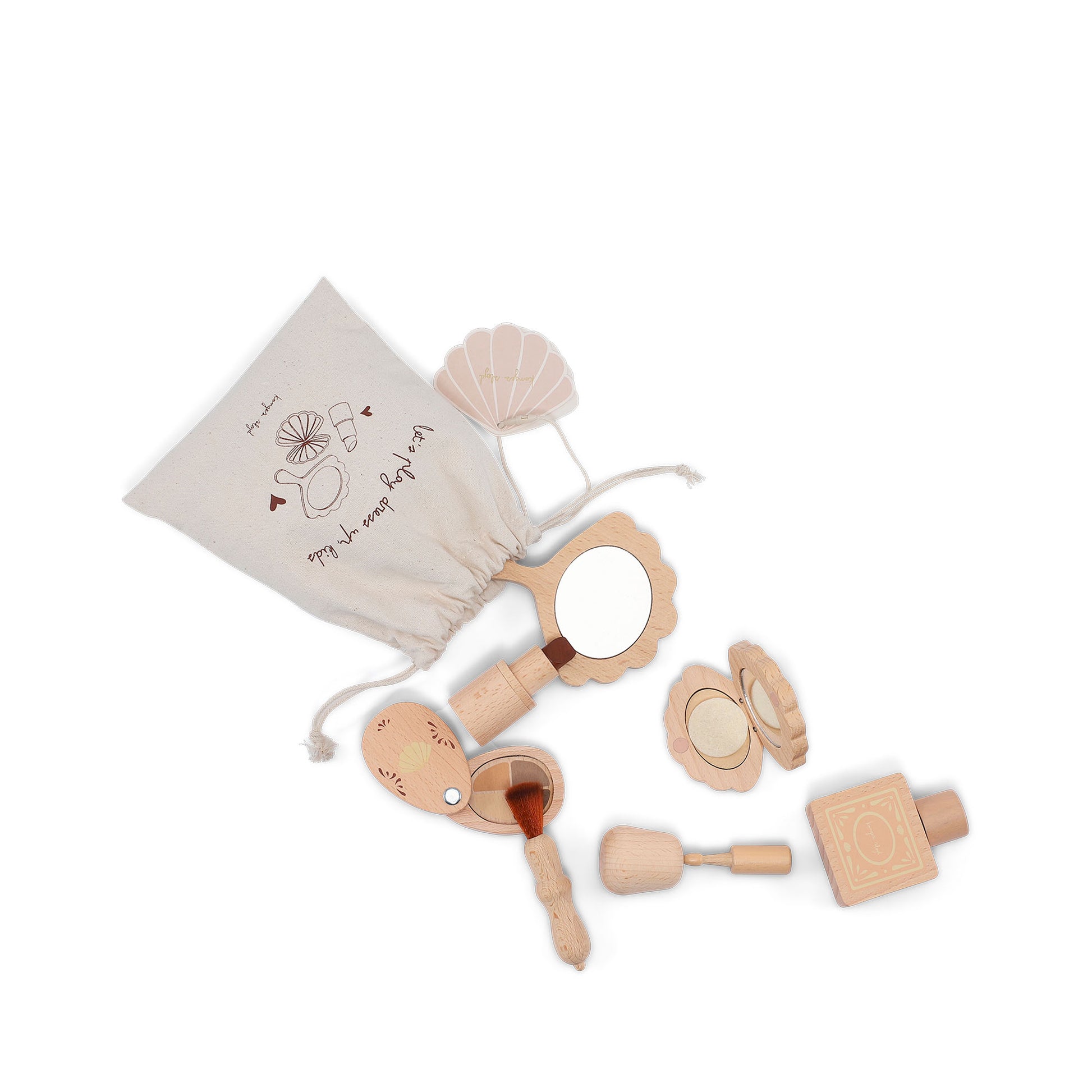 The contents of the Konges Sløjd Wooden Play Makeup Set displayed outside the drawstring bag. The set includes a wooden mirror, lipstick, perfume bottle, makeup brush, and compact, all crafted in natural wood with soft beige and brown tones.