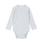 A delicate long-sleeved baby bodysuit in soft gray dawn with a pointelle knit pattern, featuring a small bow detail at the neckline.